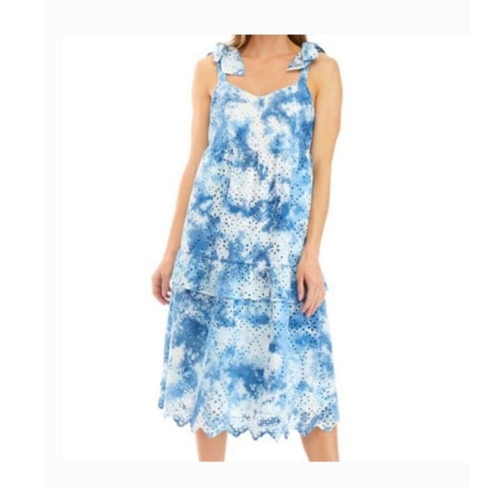 Crown & Ivy Midi Dress 10 Sleeveless Blue Tie Dye Eyelet 100% cotton Coquette